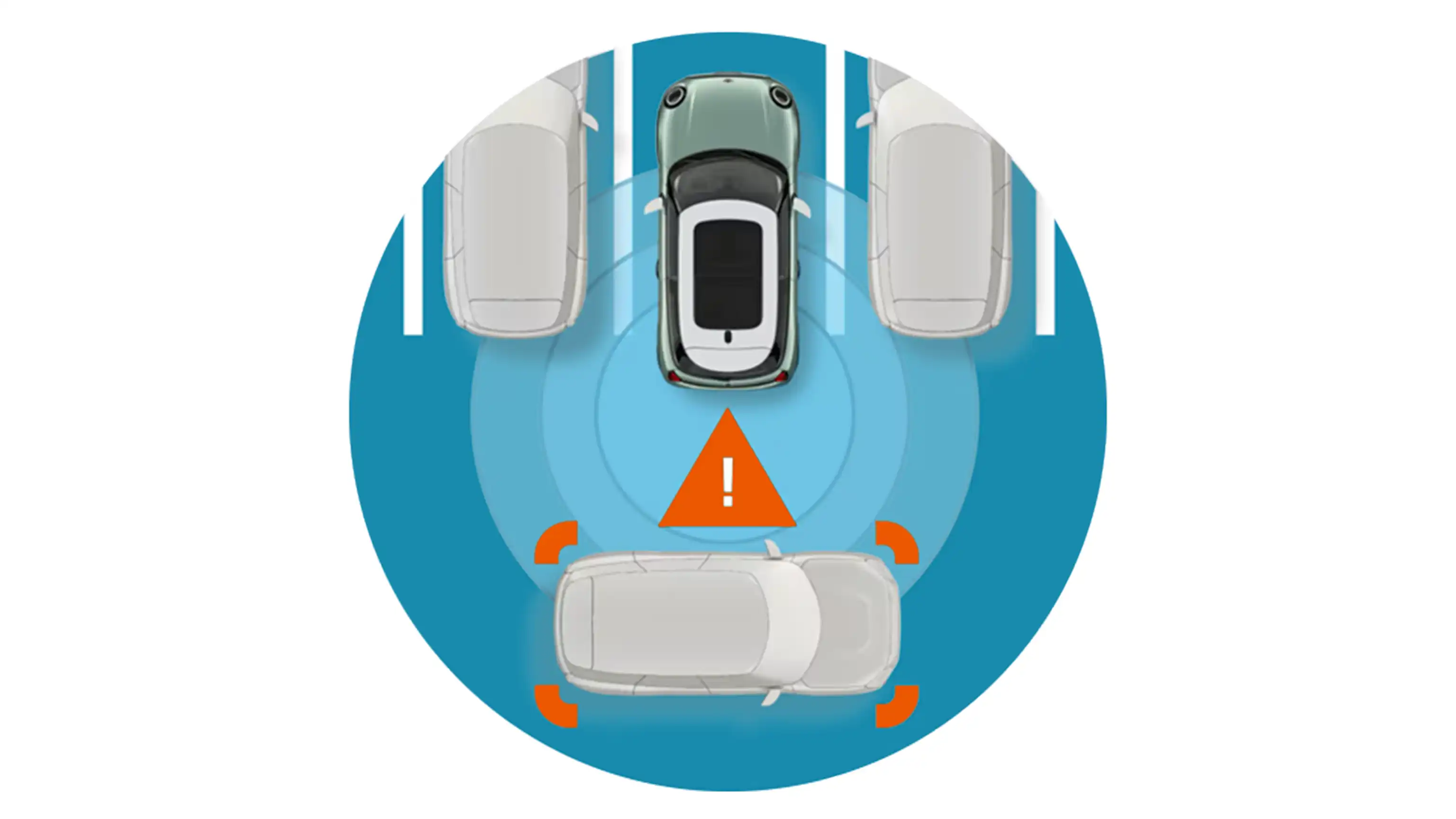 Illustration of a MINI detecting crossing traffic behind the vehicle with a rear collision warning.