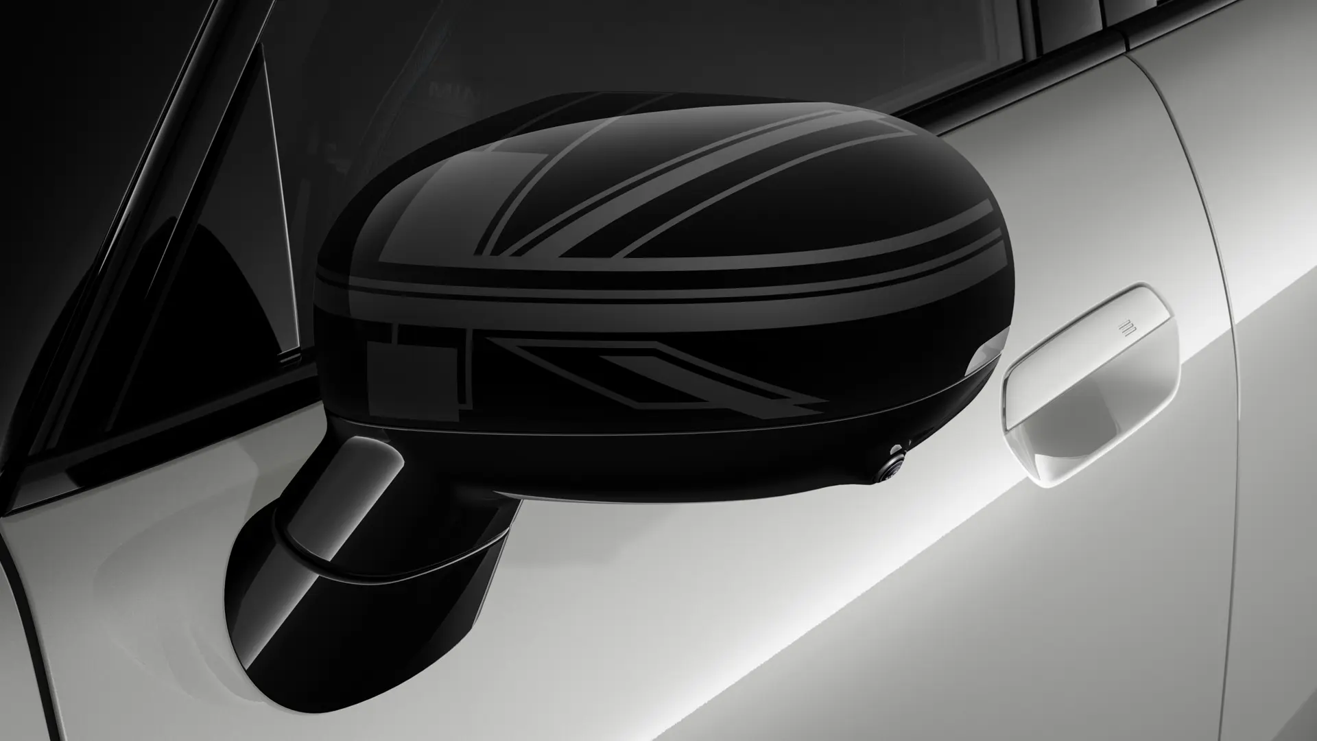 MINI Cooper 3ja dyra silfurlitaður með speglahlífum í Night Union Jack hönnun.