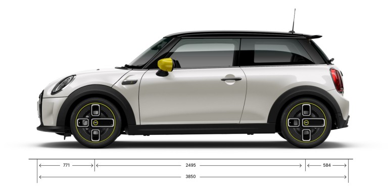 Þriggja dyra MINI Cooper SE – frá hlið – mál