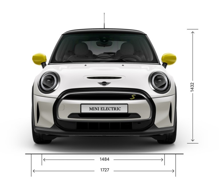 Þriggja dyra MINI Cooper SE – að framan – mál